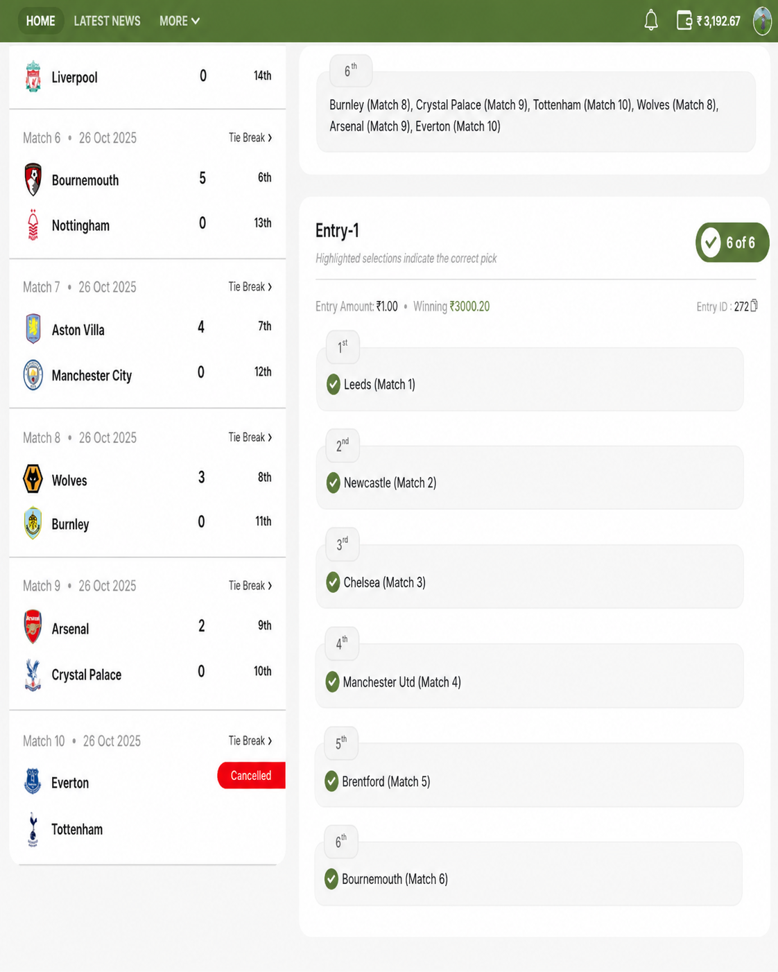 Sports Predictions winning entry screenshot